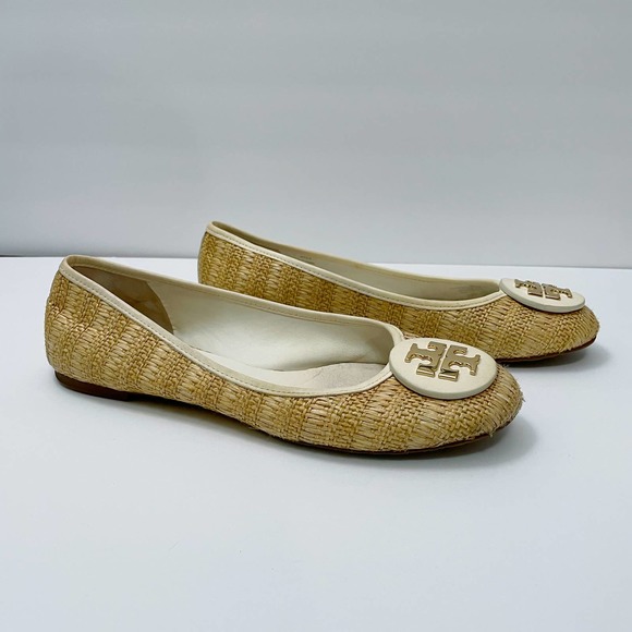 Tory Burch Reva Raffia Ballet Flats 10 Straw Cream Leather - Picture 4 of 10